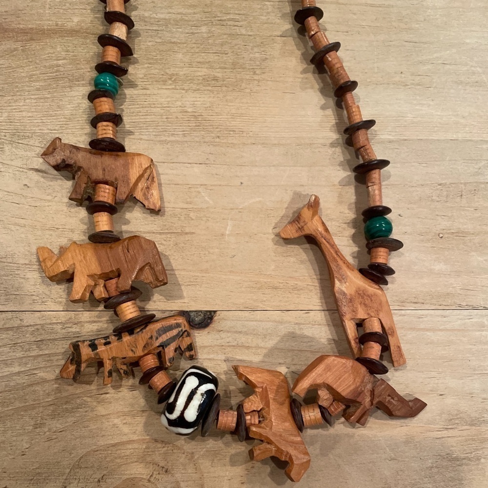 Artisan Wooden Beaded Necklace with Carvings Safari Animals ethnic boho